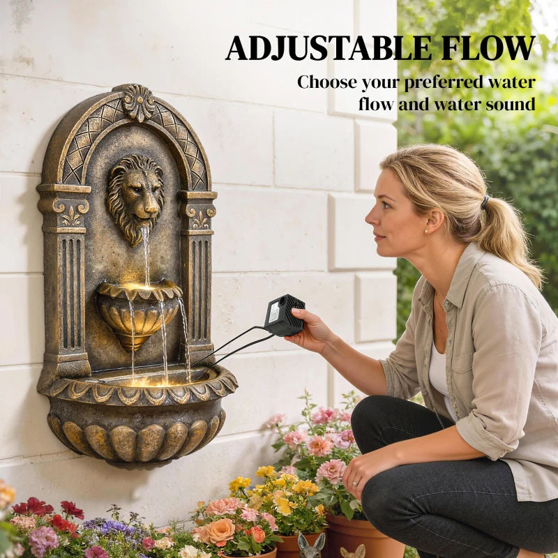 Outsunny 31" Wall-Mounted Outdoor Fountain, 3-Tier Cascading Waterfall Feature with LED Lights and Adjustable Flow, Bronze
