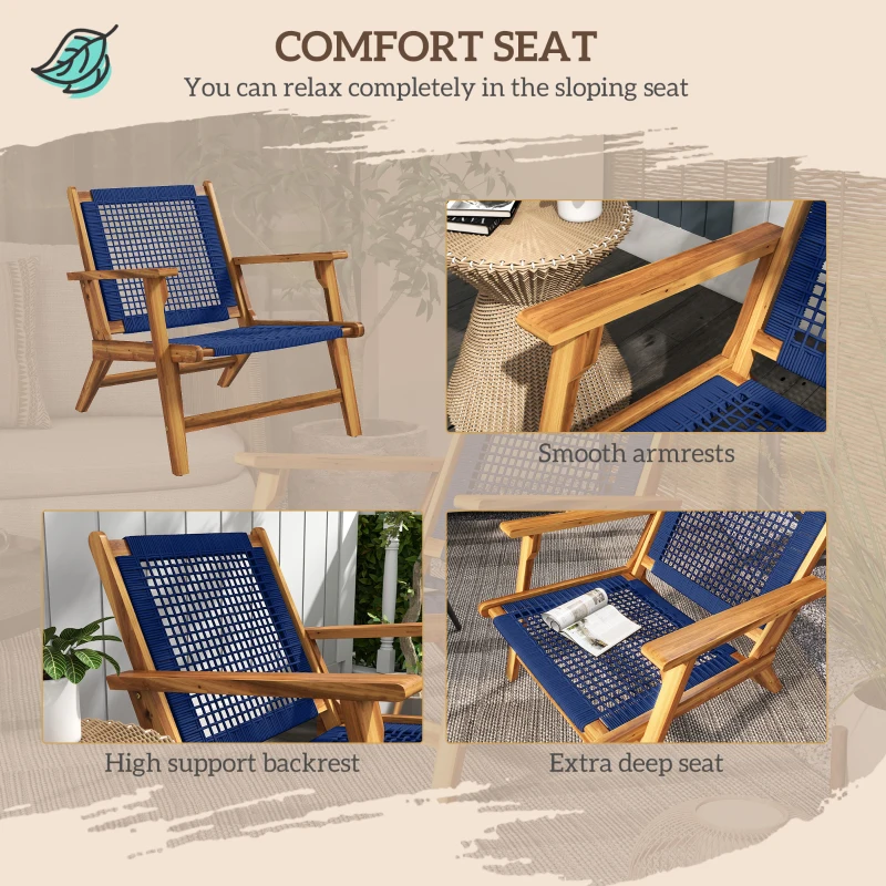 Outsunny Wood Adirondack Chair, Modern Fire Pit Chair, PP Rope Coconino Lounge Style Chair with High Support Backrest, Blue