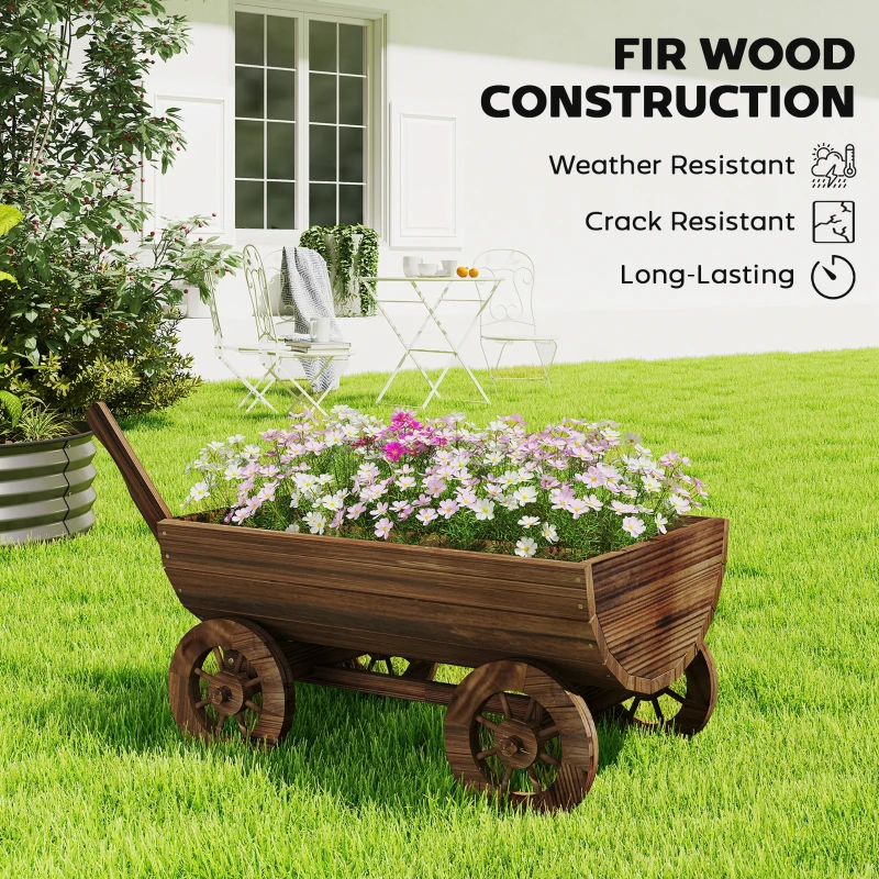 Outsunny Wooden Wagon Planter Box, Mobile Garden Planter with 4 Wheels, Small Wheelbarrow Wagon Flower Cart with Drainage Hole