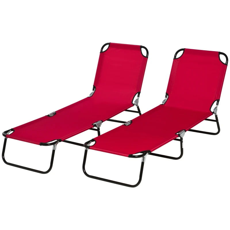 Outsunny 2 Piece Folding Chaise Lounge Pool Chairs, Outdoor Sun Tanning Chairs with 5-Level Reclining Back, Steel Frame, Red