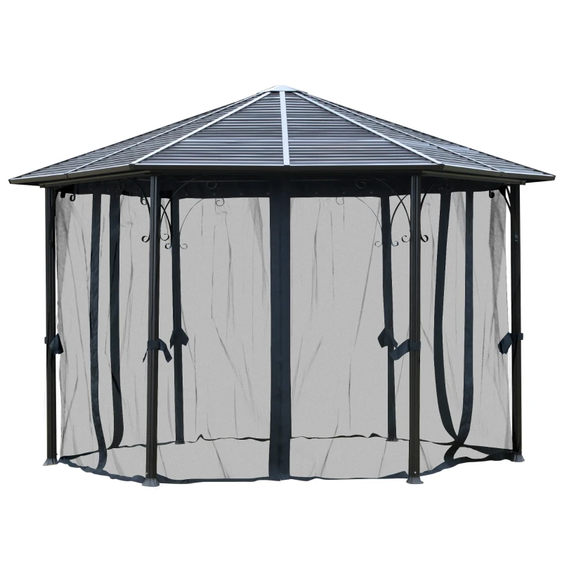 Outsunny 13' x 13' Hexagon Hardtop Gazebo Canopy with Galvanized Steel Roof, Aluminum Frame, Permanent Pavilion Outdoor Gazebo with Netting and Hook, for Patio, Garden, Backyard, Deck, Lawn