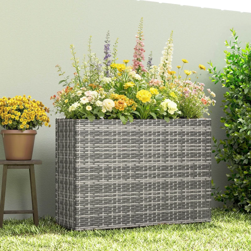 Outsunny Tall Rectangular Planter with Removable Liner, Holes, PE Wicker Large Planter Box for Indoor Outdoor Plants, Gray