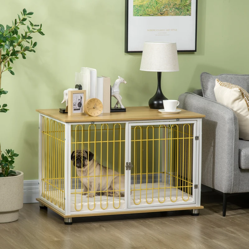 PawHut Dog Crate with Soft Washable Cushion, Lockable Front Door, for Small Medium Dogs, Oak