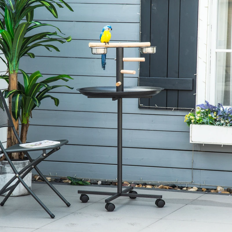 PawHut Portable Bird Play Stand, Parrot Perch Bird Feeder Station with Wheels, Stainless Steel Feeding Bowls, Tray, Gray