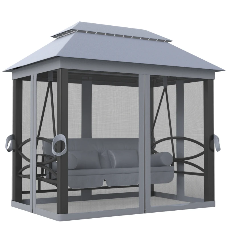 Outsunny 3-Seat Patio Swing Chair, Outdoor Gazebo Swing with Double Tier Canopy, Mesh Sidewalls, Cushioned Seat and Pillows, Gray