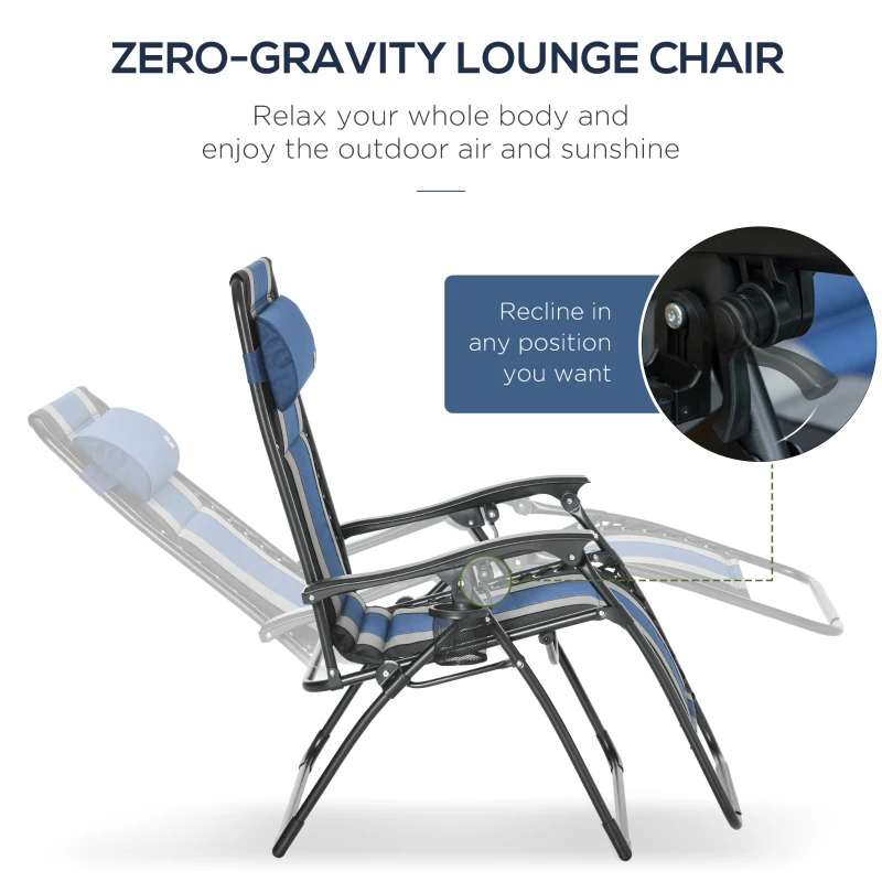 Outsunny XL Oversize Zero Gravity Recliner, Padded Patio Lounger Chair, Folding Chair with Adjustable Backrest, Cup Holder, and Headrest for Backyard, Poolside, Lawn, Striped, Blue