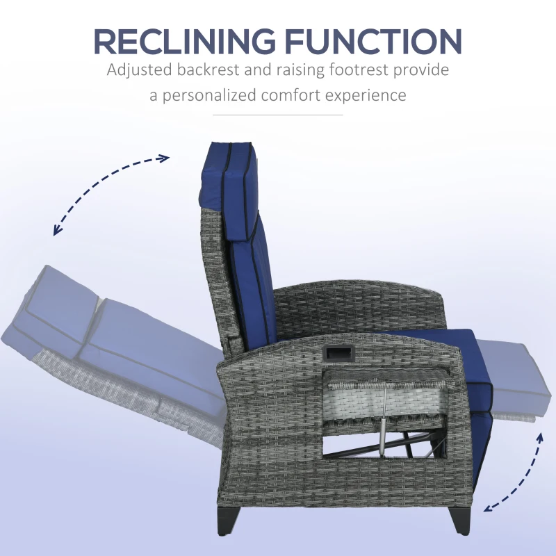 Outsunny Outdoor Recliner Chair with Cushions, Reclining Patio Lounge Chair with Adjustable Footrest, Armrests, Tray Table, Blue