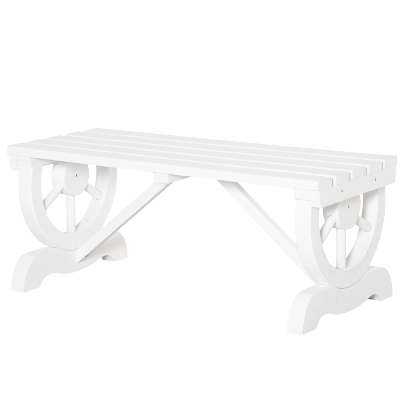 Outsunny 2-Person Wooden Garden Bench, Outdoor Wagon Wheel Porch Bench for Backyard Garden, Support 550 LBS, Rustic Country Style Patio Furniture, White