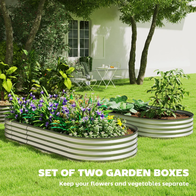 Outsunny 7' x 3' x 1' Raised Garden Bed Set, 2PCS Raised Beds for Gardening with Metal Plant Stakes, Silver