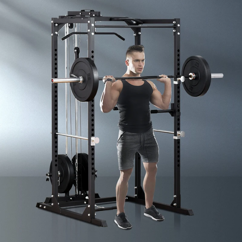 Soozier Multi-Functional Power Tower Dip Station Pull Up Bar Lat Pull Down Machine, Power Cage Fitness Equipment for Home Gym, Weightlifting Barbell Squat Rack, Dip Workout Station