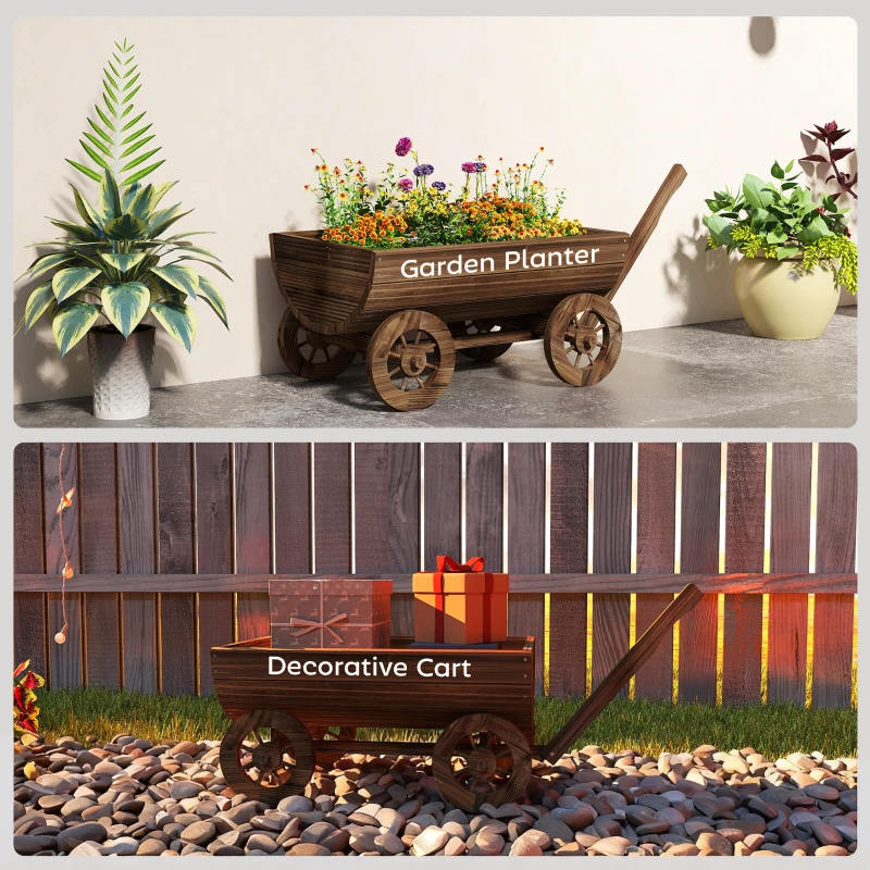 Outsunny Wooden Wagon Planter Box, Mobile Garden Planter with 4 Wheels, Small Wheelbarrow Wagon Flower Cart with Drainage Hole