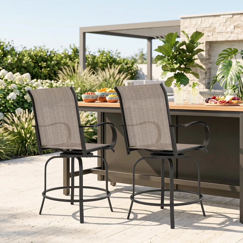 Outsunny Outdoor Bar Stools Set of 2, 360° Swivel Bar Height Chairs, 26.75" x 29.5" x 48.5", Tan