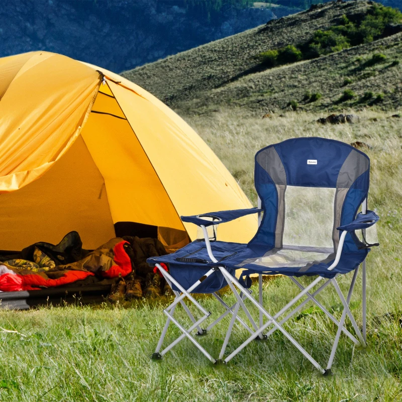 Outsunny Folding Camping Chair with Portable Insulation Table Bag, Two Cup Holders for Beach, Ice Fishing and Picnic, Navy Blue