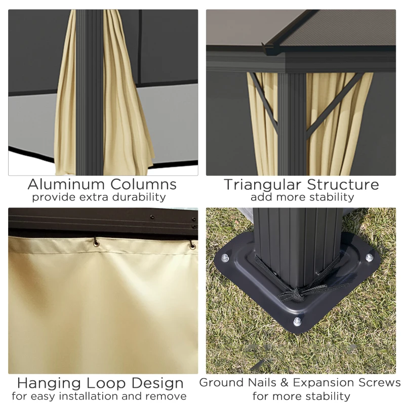 Outsunny 11' x 15' Hardtop Gazebo Canopy with Polycarbonate Roof, Aluminum Frame, Permanent Pavilion Outdoor Gazebo with Netting, for Patio, Garden, Backyard, Deck, Lawn, Beige