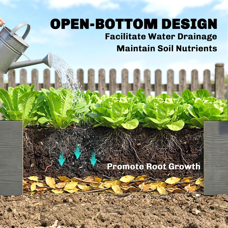 Outsunny 96" x 24" x 10" Wooden Raised Garden Bed with 2 Planter Boxes and Non-woven Fabric Liner for Patio, Gray