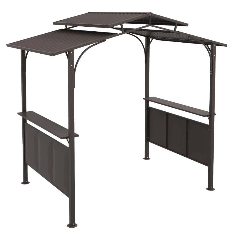 Outsunny 8'x5' BBQ Grill Gazebo, Outdoor Double Tiered Interlaced Polycarbonate Roof with Steel Frame, 2 Side Shelves, Brown