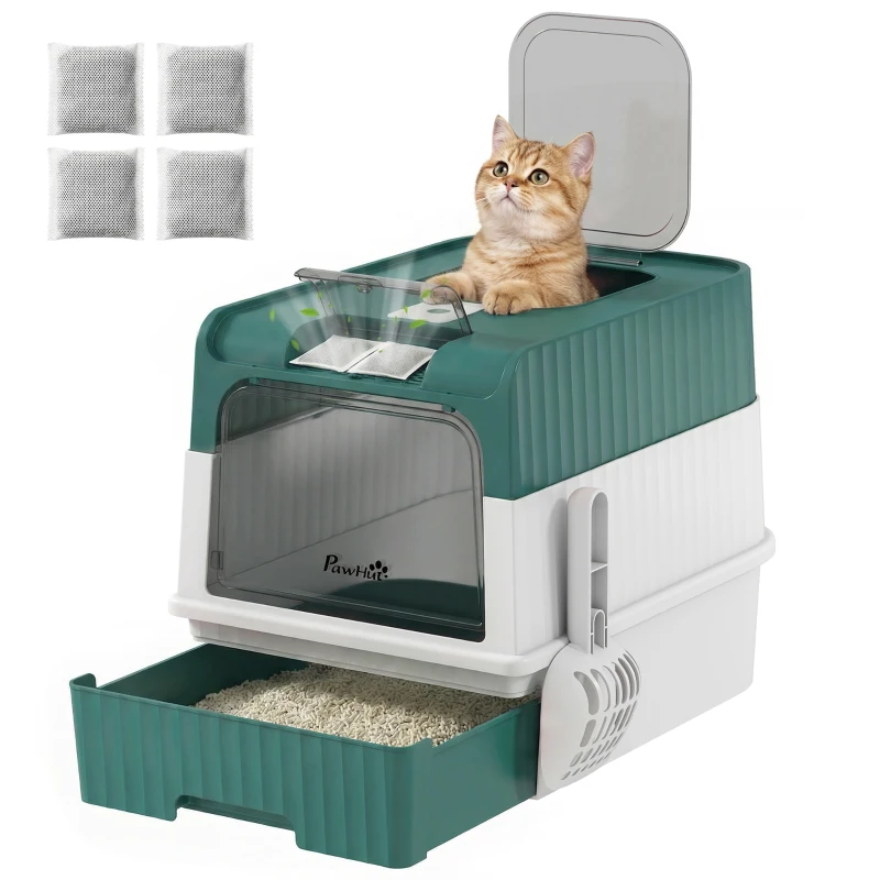 PawHut Cat Litter Box Hooded Cat Litter Tray with Drawer Pan Front Entry & Top Exit Easy Cleaning Teal
