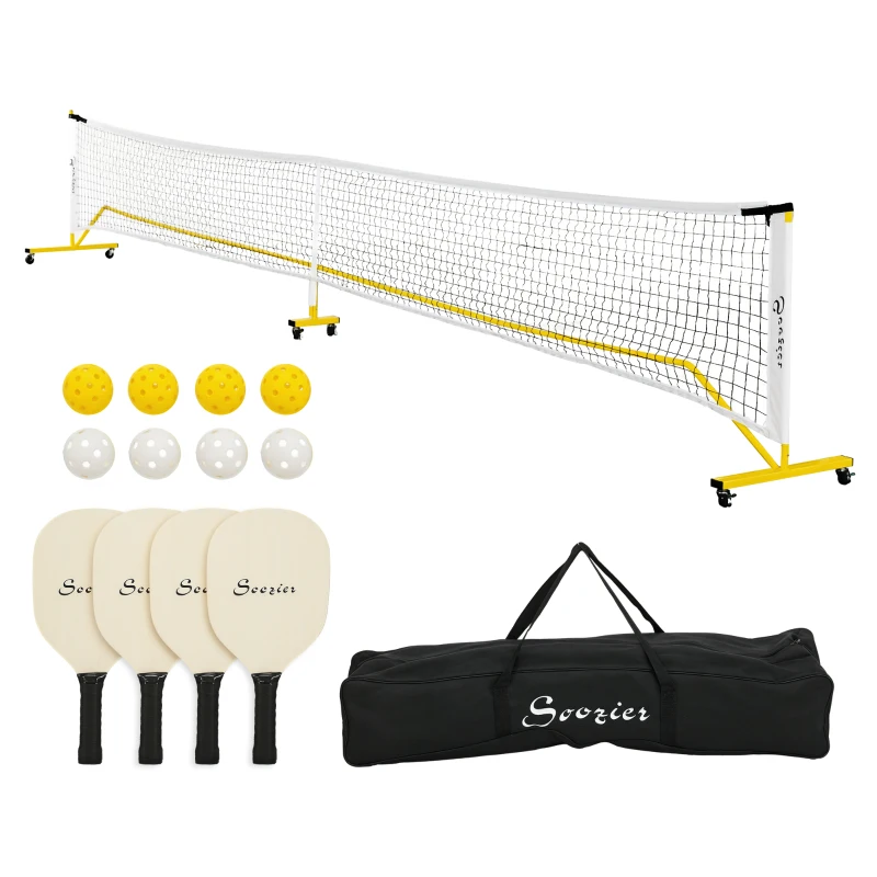 Soozier Pickleball Set with Net on Wheels, Markers, 4 Pickleball Paddles and 4 Balls, for Driveway Backyard