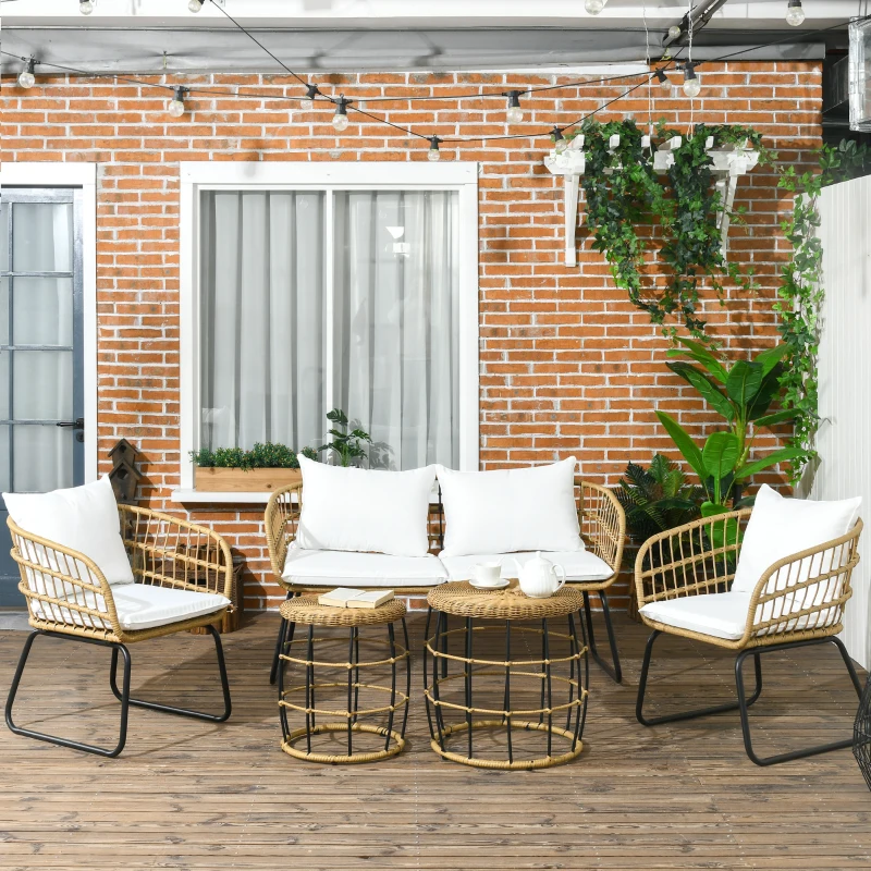 Outsunny 5 Piece PE Rattan Outdoor Furniture Set with Cushioned Chairs, Loveseat Sofa & Stackable Coffee Tables, Cream White