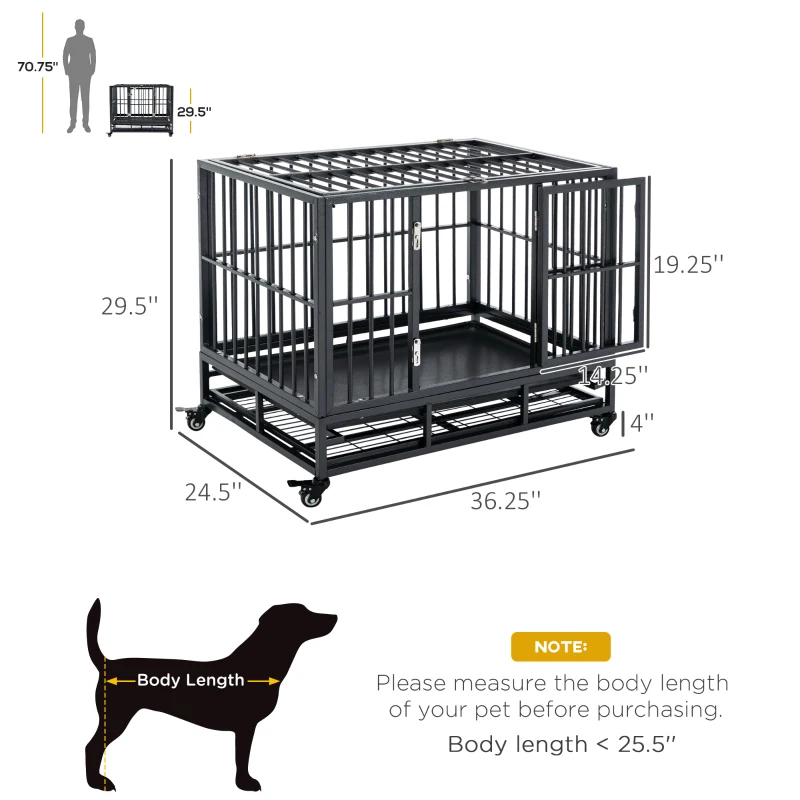 PawHut 36" Heavy Duty Dog Crate Metal Cage Kennel with Lockable Wheels, Double Door and Removable Tray, Gray