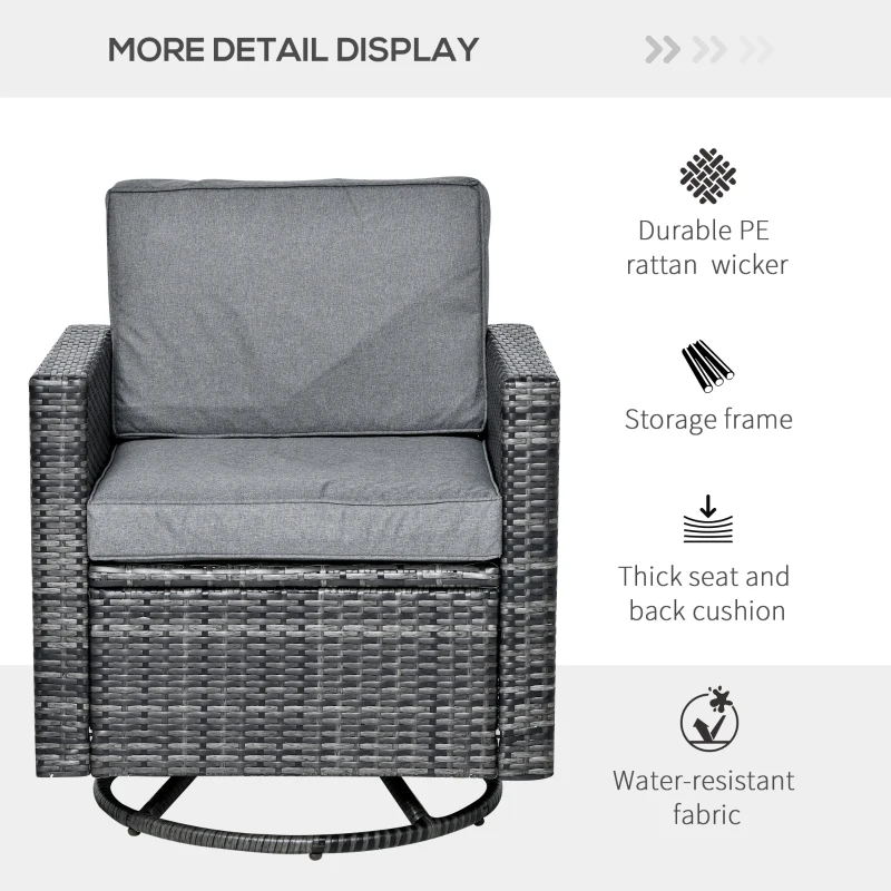 Outsunny Outdoor Swivel Rocker, PE Wicker Dining Chair, 360 Degree Swivel Patio Glider with Cushions for Backyard, Lawn, Garden, Deck, Porch, Steel Frame, Gray