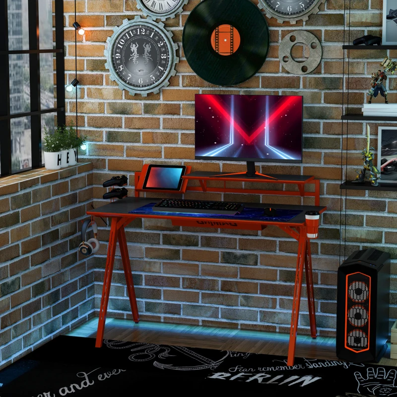HOMCOM 53" Gaming Desk, Racing Computer Desk with Monitor Shelf, Gamepad Rack, Cup Holder, Headphone Hook, and Cable Basket, Red