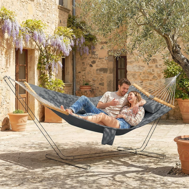 Outsunny Outdoor Hammock 2-Person, with Pillow & Pad, 440 lbs Capacity, Gray