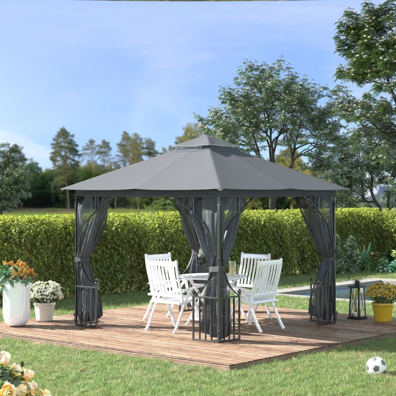 Outsunny 10' x 10' Patio Gazebo, Double Roof Outdoor Gazebo Canopy Shelter with Netting, Steel Corner Frame for Garden, Lawn, Backyard and Deck, Dark Gray