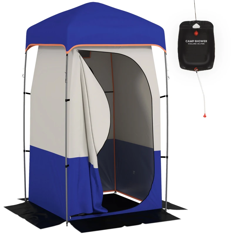 Outsunny Camping Shower Tent, Portable Privacy Shelter with Solar Shower Bag, Removable Floor and Carrying Bag, Blue