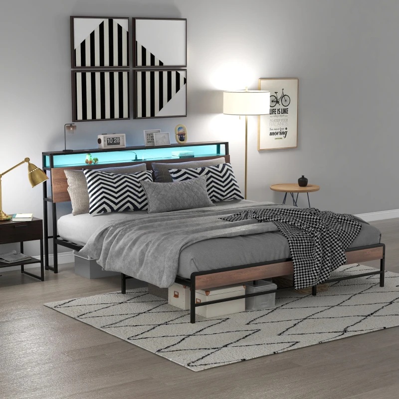 HOMCOM King Size Bed Frame with LED Lights and Charging Station, King Bed Frame with Storage Headboard, Noise-Free, Walnut