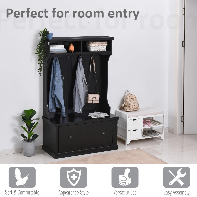 HOMCOM Coat Rack Shoe, Bench Hall Tree for Entryway with Bottom Storage, 4 Metal Double Hooks and 2 Shelves for Hallway, Black