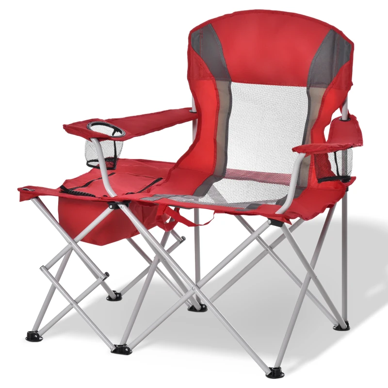 Outsunny Folding Camping Chair with Portable Insulation Table Bag, Two Cup Holders for Beach, Ice Fishing and Picnic, Red