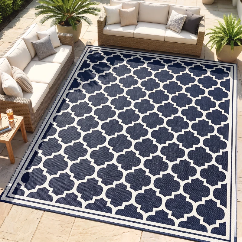 Outsunny Reversible Outdoor Rug, 9' x 12' Waterproof Plastic Straw Floor Mat, Portable RV Camping Carpet, Blue & White(m-2)