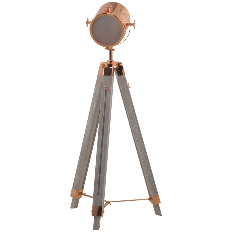 HOMCOM Vintage Tripod Floor Lamp, Height Adjustable Nautical Spotlight with Wood Legs, E12 Lamp Base for Living Room, Bedroom, Grey and Rose Gold