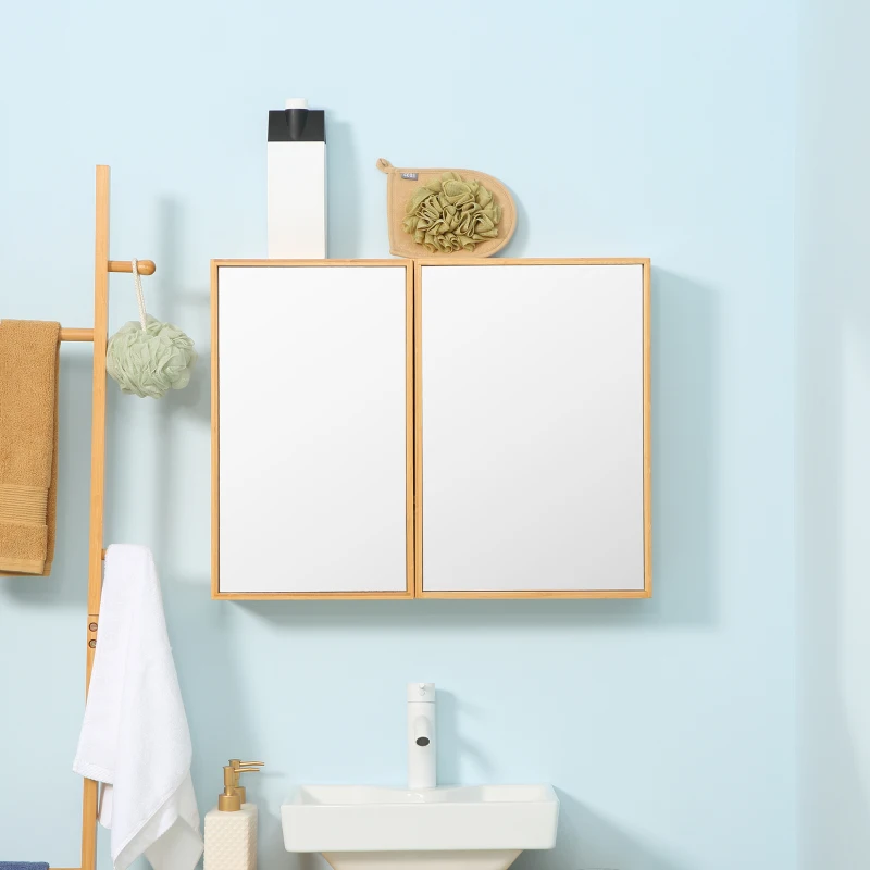 kleankin Planet-Friendly Bamboo Cabinet Bathroom Mirror Storage, Bathroom Wall Cabinet Sink & Over Toilet Storage