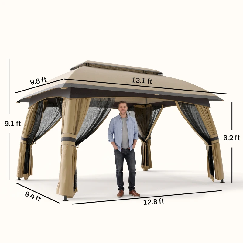 Outsunny 10' x 13' Patio Gazebo, Outdoor Gazebo Canopy Shelter with Netting, Vented Roof for Garden, Beige