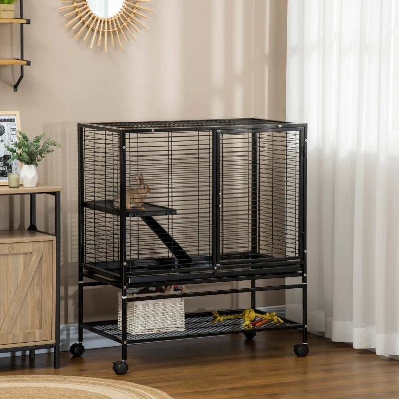 PawHut Guinea Pig Cage with Tray, Small Animal Habitat, Metal Wire Chinchilla Cage, Hedgehog Cage, Pet Ferret Cage with Wheels & Storage Shelf, Little Critter Cage