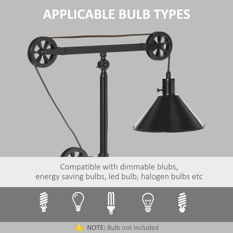 HOMCOM Industrial Table Lamp with Steel Frame, for LED Halogen Bulb, Bedside Lamp with Rotary Switch for Bedroom Living Room Study, Black