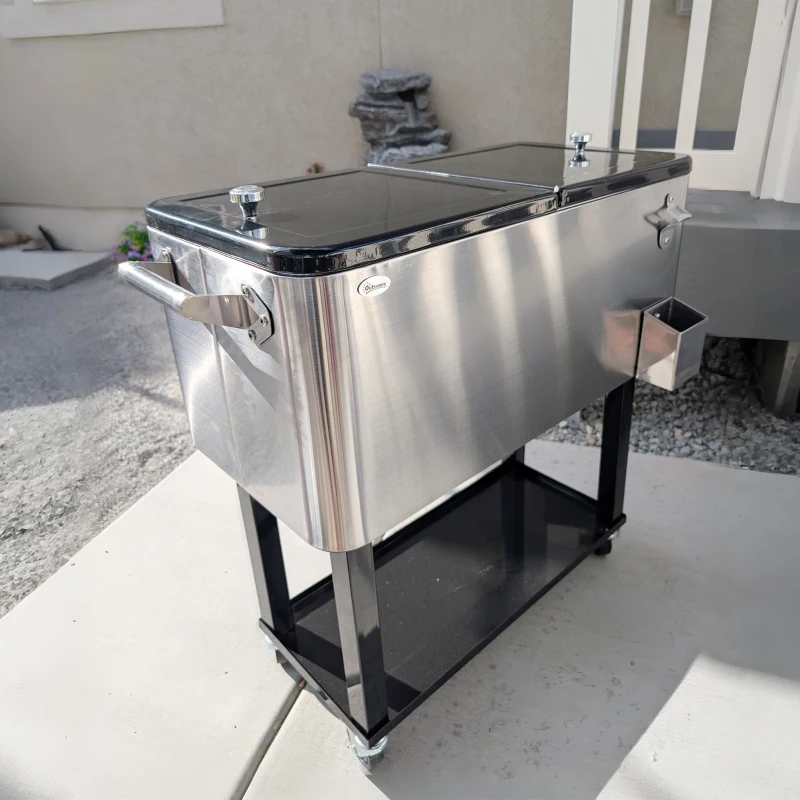 Outsunny 80 QT Rolling Cooling Bins Ice Chest on Wheels Outdoor Stand Up Drink Cooler Cart for Party, Silver