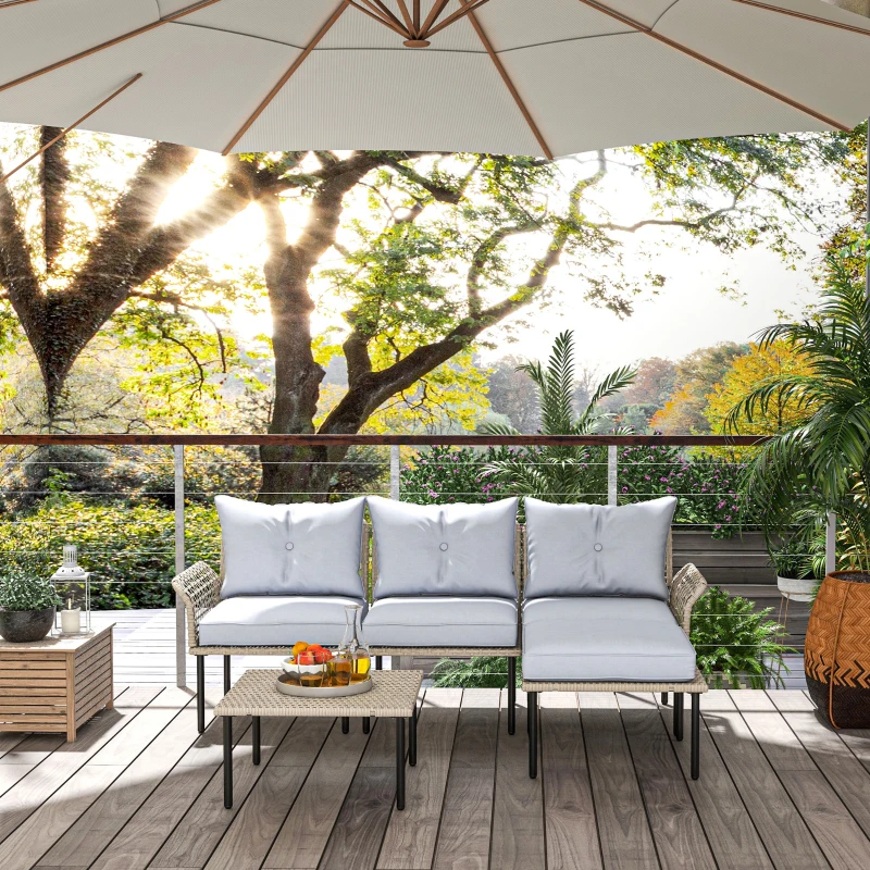 Outsunny 5-Piece Rattan Patio Furniture Set with Sofa, Chaise Lounge, Coffee Table, Footstools, Cushions, Light Gray