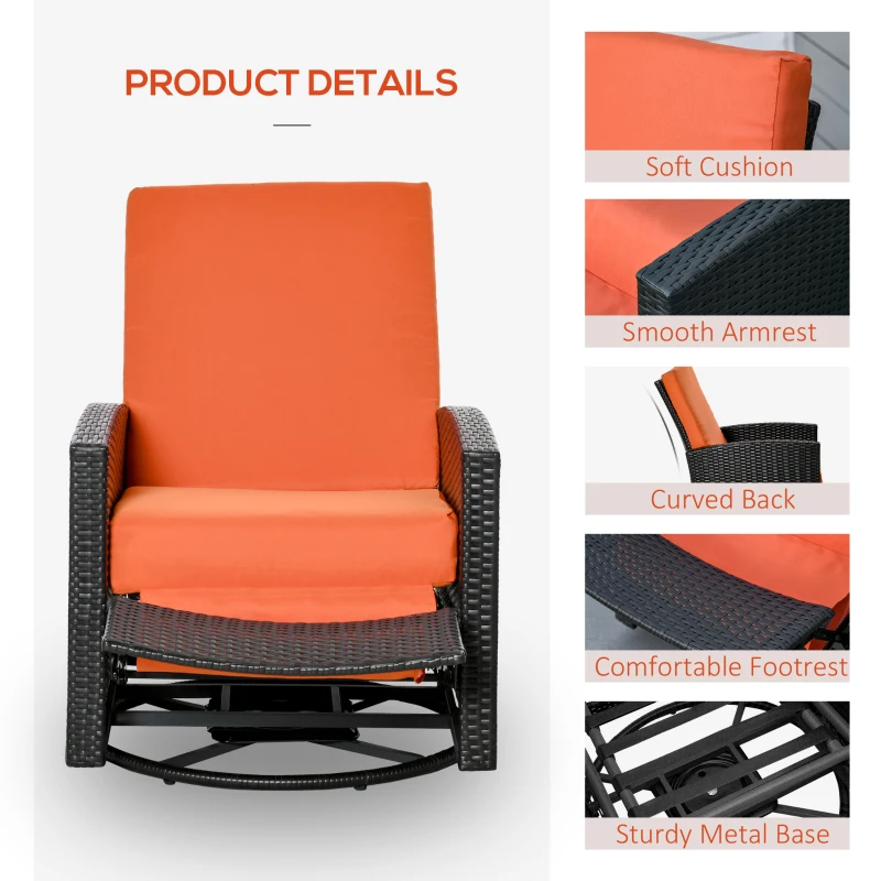 Outsunny Outdoor Wicker Swivel Recliner Chair, Reclining Backrest, Lifting Footrest, 360° Rotating Basic, Water Resistant Cushions for Patio, Orange