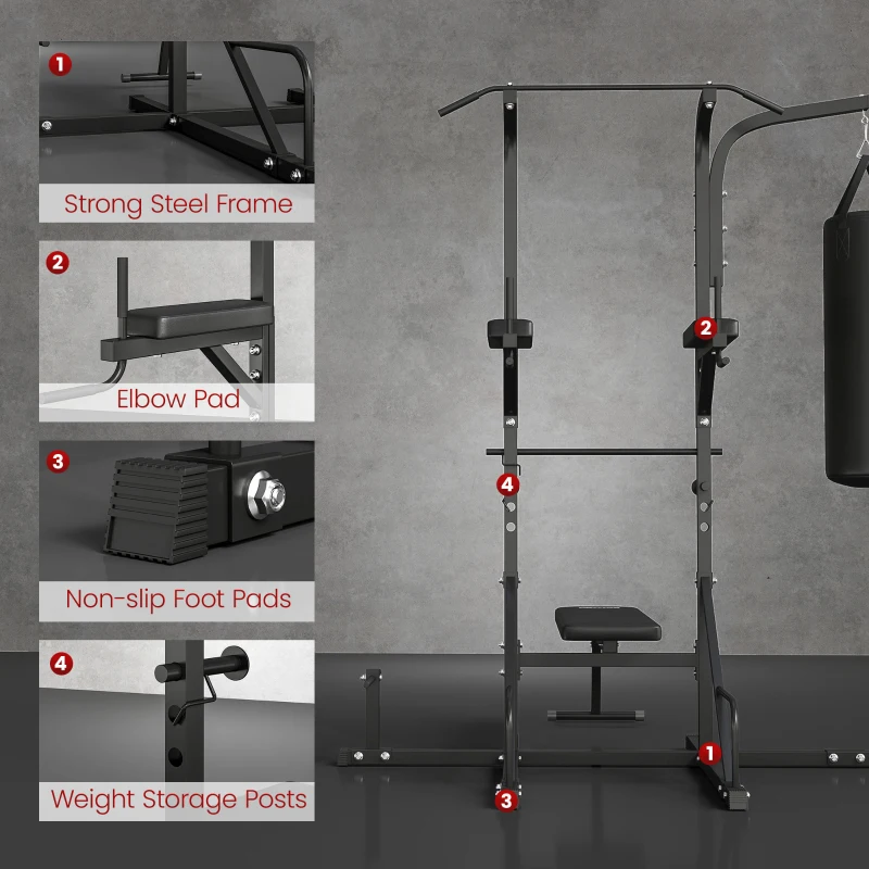 Soozier Heavy-Duty Power Tower Dip Station Pull Up Bar with Foldable Workout Bench and Punching Bag, Multi-Functional Adjustable Strength Training Equipment Power Rack Fitness Equipment for Home Gym