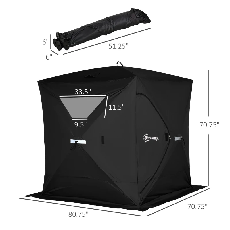 Outsunny 2-4 People Ice Fishing Shelter, Pop-Up Portable Ice Fishing Tent with Carry Bag, Two Doors, Windows and Vents, Ice Shanty for Winter Fishing, Black