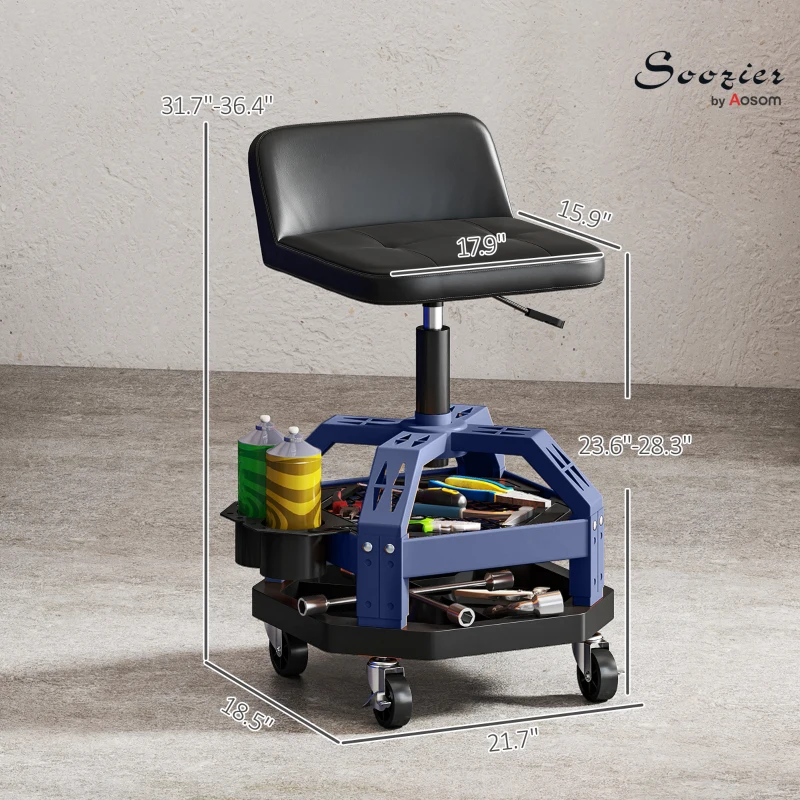 HOMCOM Rolling Creeper Garage Stool, 300 LBS Capacity Mechanic Stool with 360° Wheels, Tool Tray, Adjustable Height, Blue