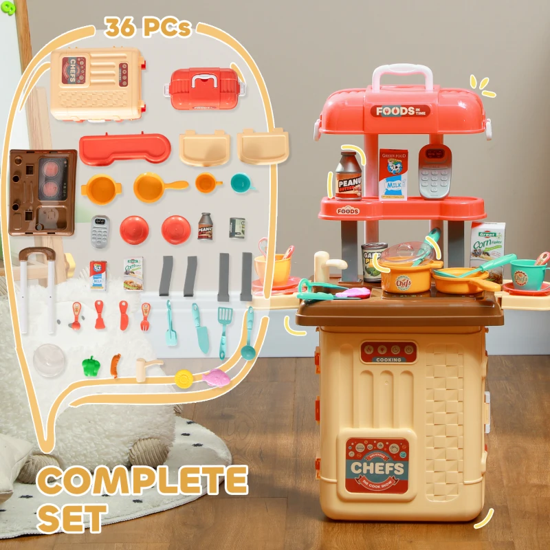 Qaba 3 in 1 Foldable Play Kitchen Set, Pretend Play Toys for Toddlers 3-6 Years Old, Multicolor
