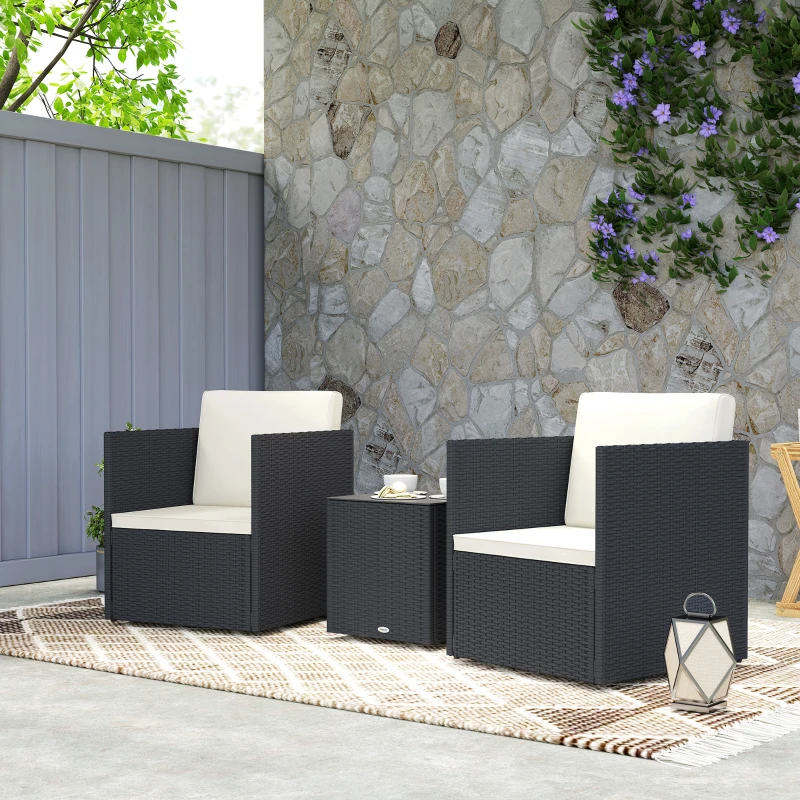 Outsunny Folding Wicker Bistro Set, 3 Piece Patio Furniture Set with Cushions and Glass Coffee Table for Porch, Balcony, Black