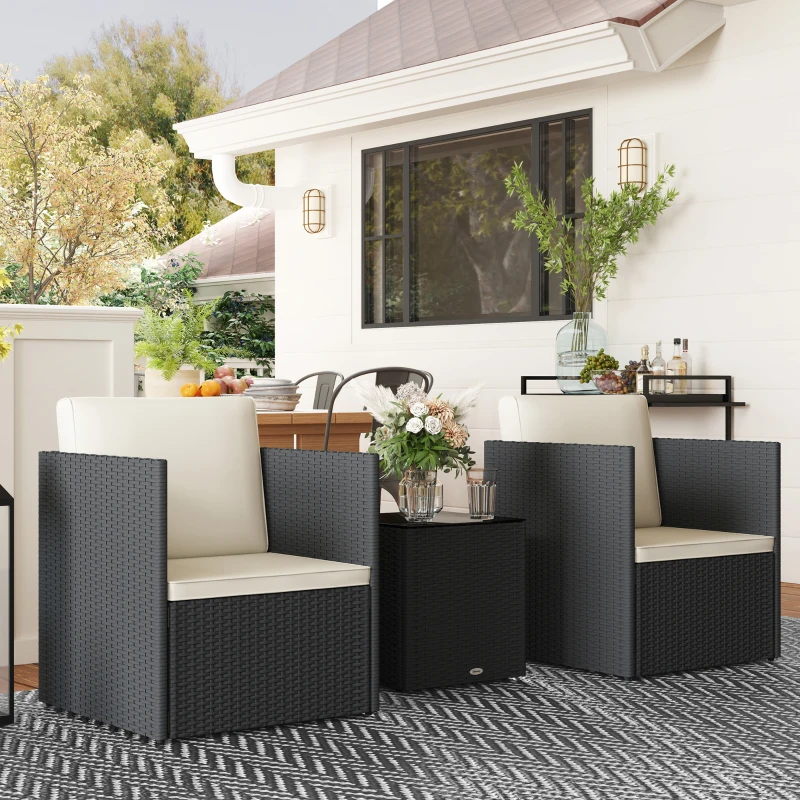 Outsunny Folding Wicker Bistro Set, 3 Piece Patio Furniture Set with Cushions and Glass Coffee Table for Porch, Balcony, Black