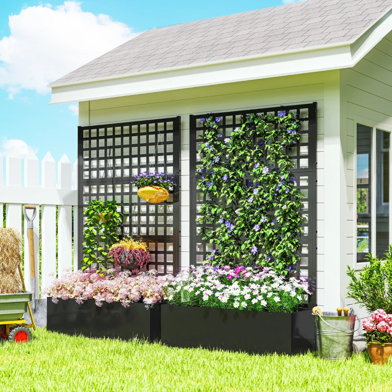 Outsunny Galvanized Raised Garden Bed Planter Box with Trellis for Climbing Plants, Vegetable, Vines, 43" x 16" x 70", Black