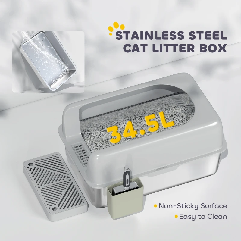 2 Pack High Sided Stainless Steel Litter Box with Metal Scoop & Scoop Holder, for Anti-Urine Leakage, Light Gray