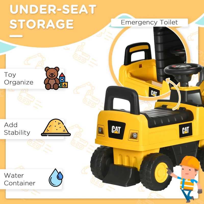 Aosom Caterpillar CAT Licensed Kids Ride on Excavator No Power Construction Vehicles with Manual Shovel, Horn, Hidden Storage